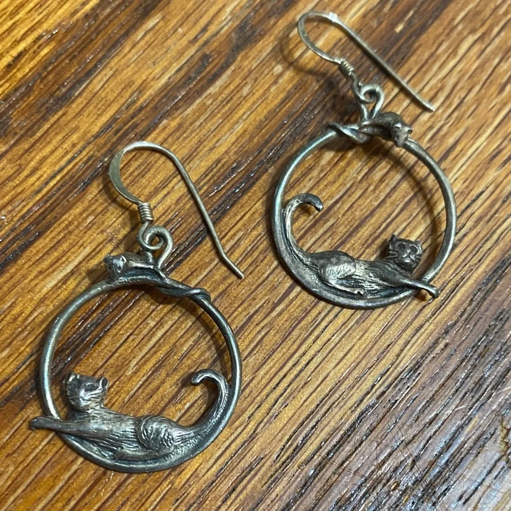 Sterling Silver Cat & Mouse Earrings